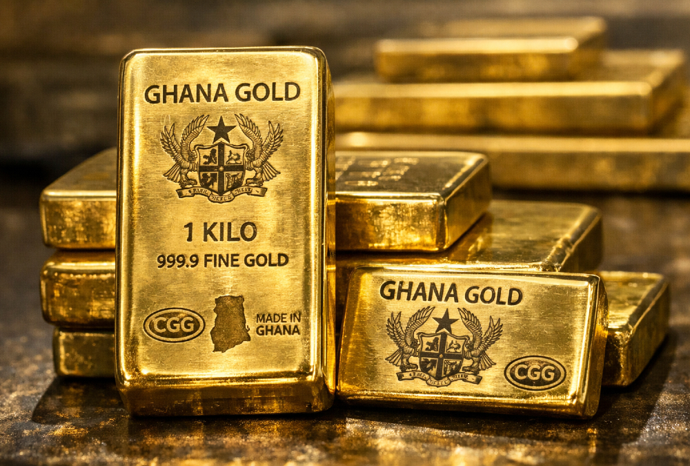 Ghanaian gold bars stamped with official hallmarks representing local refining and export policy starting 2026.