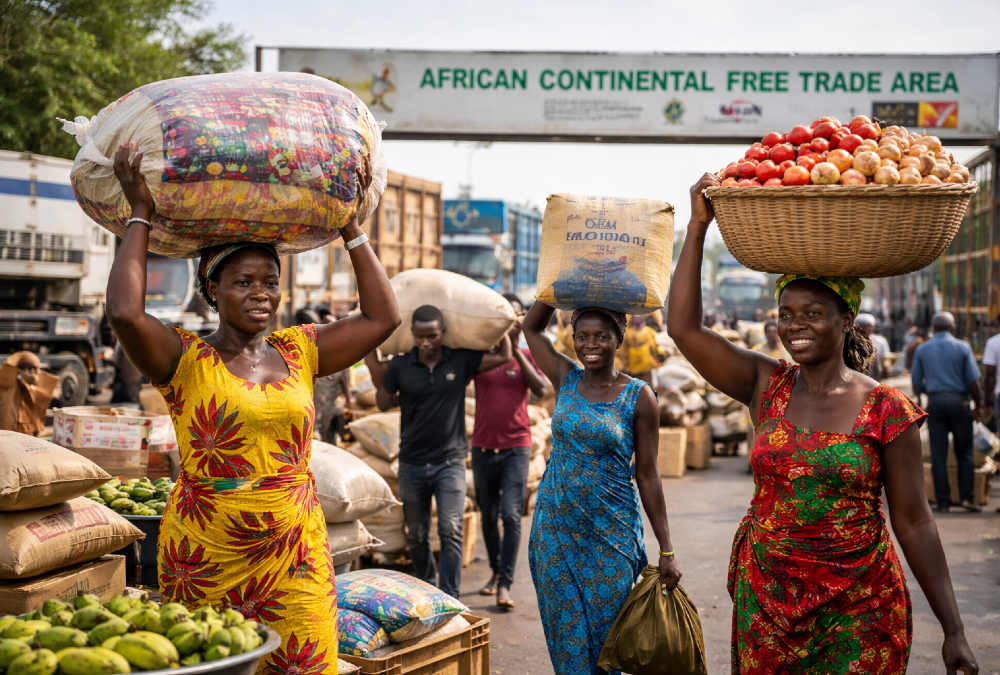 African women and youth traders transporting goods across a border, symbolizing informal cross-border trade and the role of the AfCFTA in Africa’s economic integration.