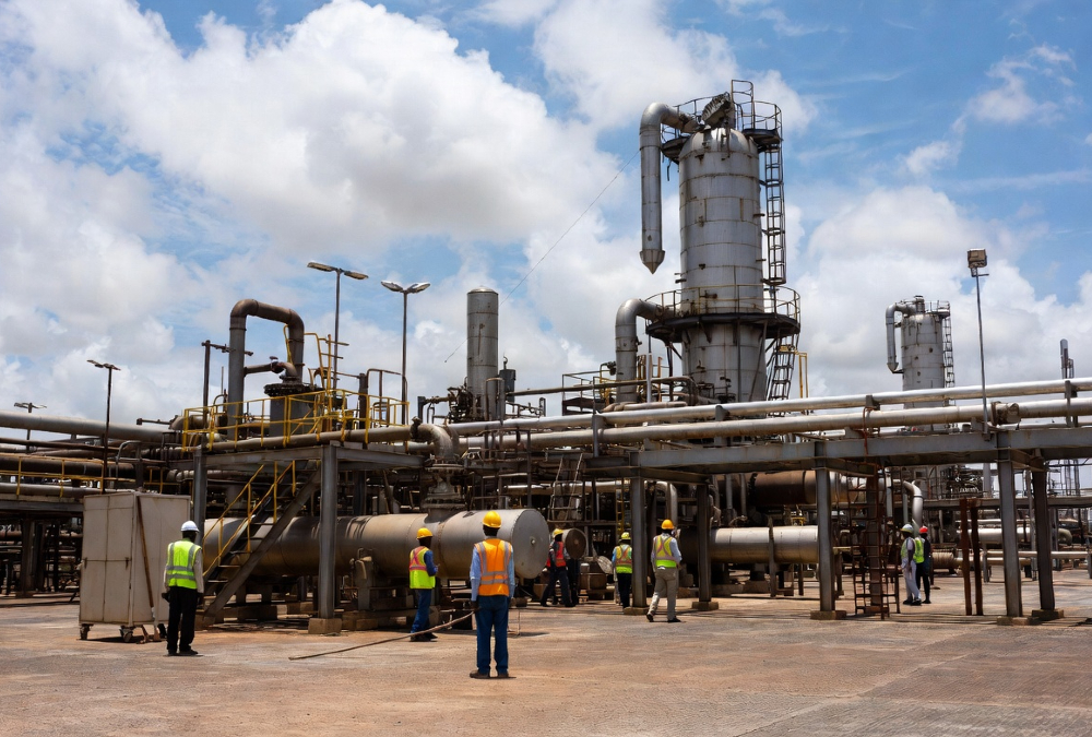 African oil refinery with workers symbolizing resource nationalism debate