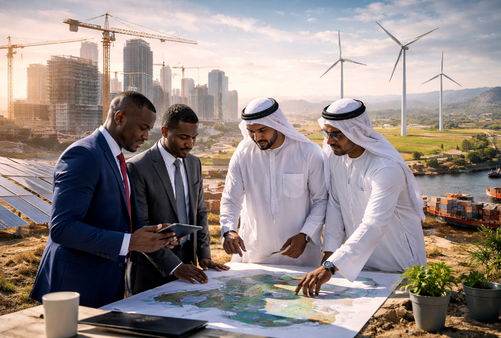 Middle Eastern capital flowing into Africa through large-scale infrastructure, renewable energy, agriculture, and logistics investments led by GCC countries.