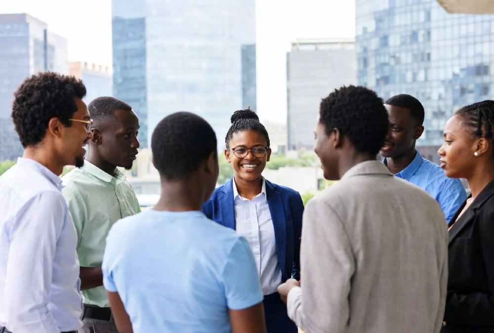 A diverse group of young African professionals in dialogue, representing reflection amid progress.