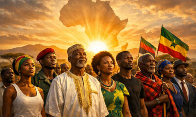 A symbolic image representing Africa’s self-determination: a diverse group of Africans—youth, leaders, and citizens - standing together with purpose, eyes forward, against a backdrop of rising sun over the continent, signifying conscious choice, unity, and intentional nation-building.