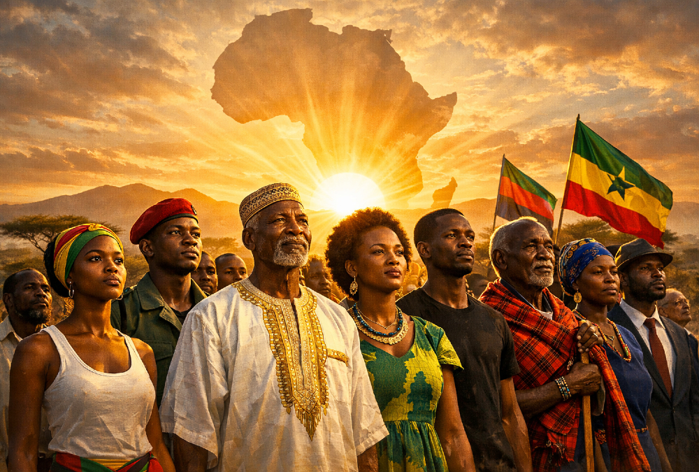 A symbolic image representing Africa’s self-determination: a diverse group of Africans—youth, leaders, and citizens - standing together with purpose, eyes forward, against a backdrop of rising sun over the continent, signifying conscious choice, unity, and intentional nation-building.