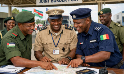African border officials from neighboring countries collaborating at a joint border post, symbolizing the needed harmonization and trust-building.
