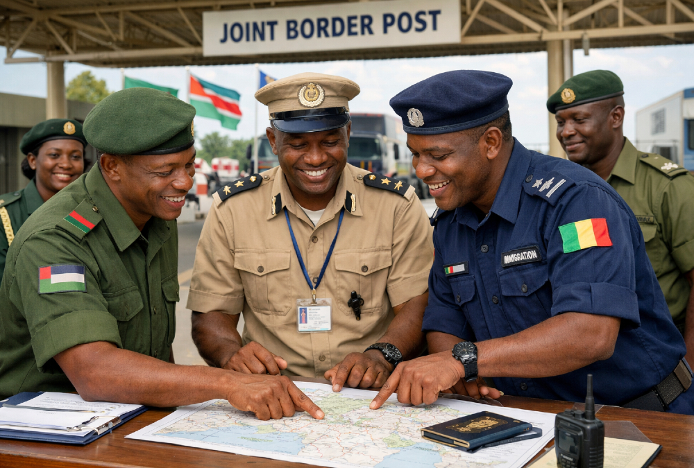 African border officials from neighboring countries collaborating at a joint border post, symbolizing the needed harmonization and trust-building.