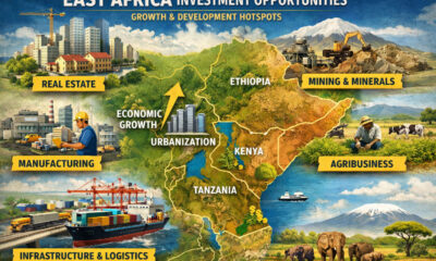 Map of East Africa highlighting key investment sectors like real estate, manufacturing, infrastructure, mining, and agribusiness amid rapid urbanization and economic growth.