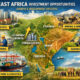 Map of East Africa highlighting key investment sectors like real estate, manufacturing, infrastructure, mining, and agribusiness amid rapid urbanization and economic growth.