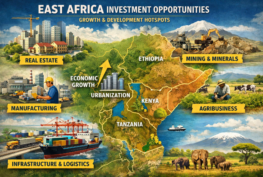 Map of East Africa highlighting key investment sectors like real estate, manufacturing, infrastructure, mining, and agribusiness amid rapid urbanization and economic growth.
