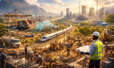 African infrastructure construction symbolizing economic independence, with railways, ports, power plants, factories, and digital networks replacing conference halls and panel discussions across the continent