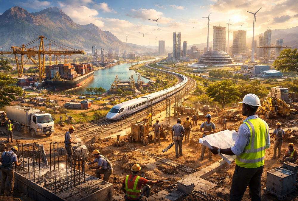 African infrastructure construction symbolizing economic independence, with railways, ports, power plants, factories, and digital networks replacing conference halls and panel discussions across the continent