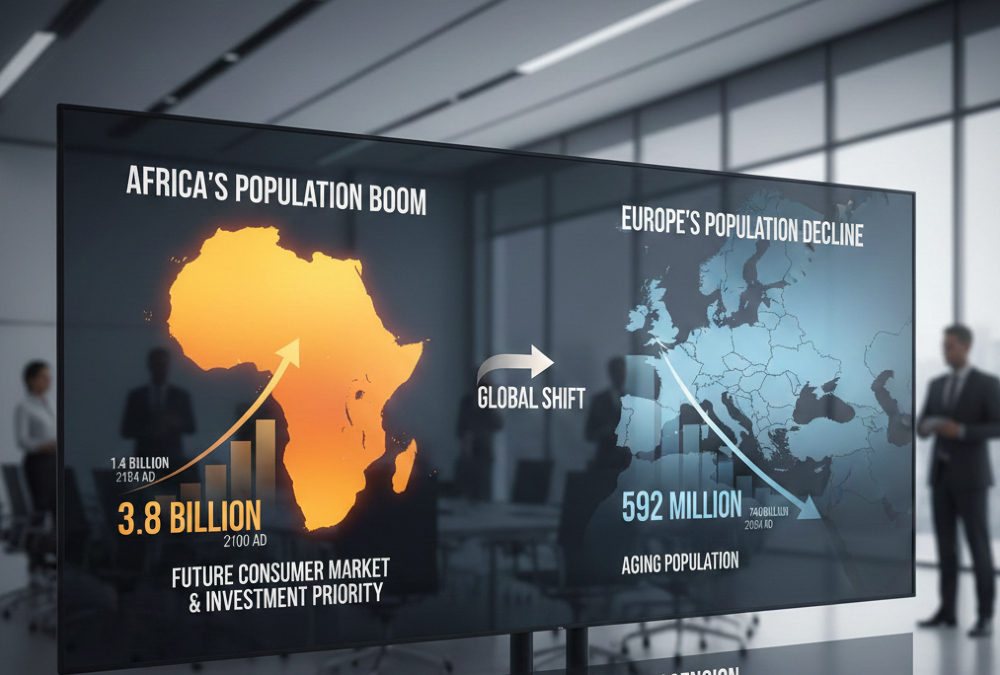 Infographic showing Africa's projected population growth to 3.8 billion by 2100 compared to Europe's decline to 592 million, highlighting Africa as the world's future consumer market and investment priority.