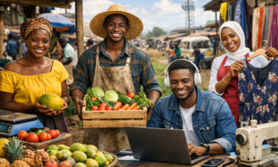 African street vendors, young entrepreneurs, farmers, and digital workers representing dignity, hustle culture, and the future of work across Africa’s informal and formal economies.