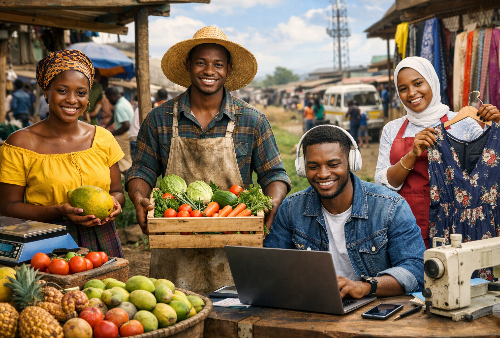African street vendors, young entrepreneurs, farmers, and digital workers representing dignity, hustle culture, and the future of work across Africa’s informal and formal economies.