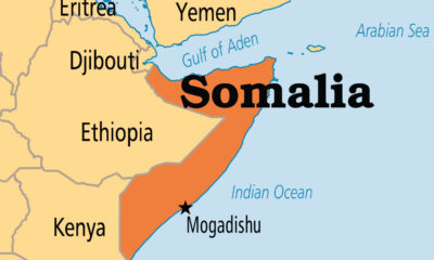 Map of Somalia highlighting its strategic location in the Horn of Africa, bordering Ethiopia, Kenya, and Djibouti, illustrating regional security concerns and the spread of instability.