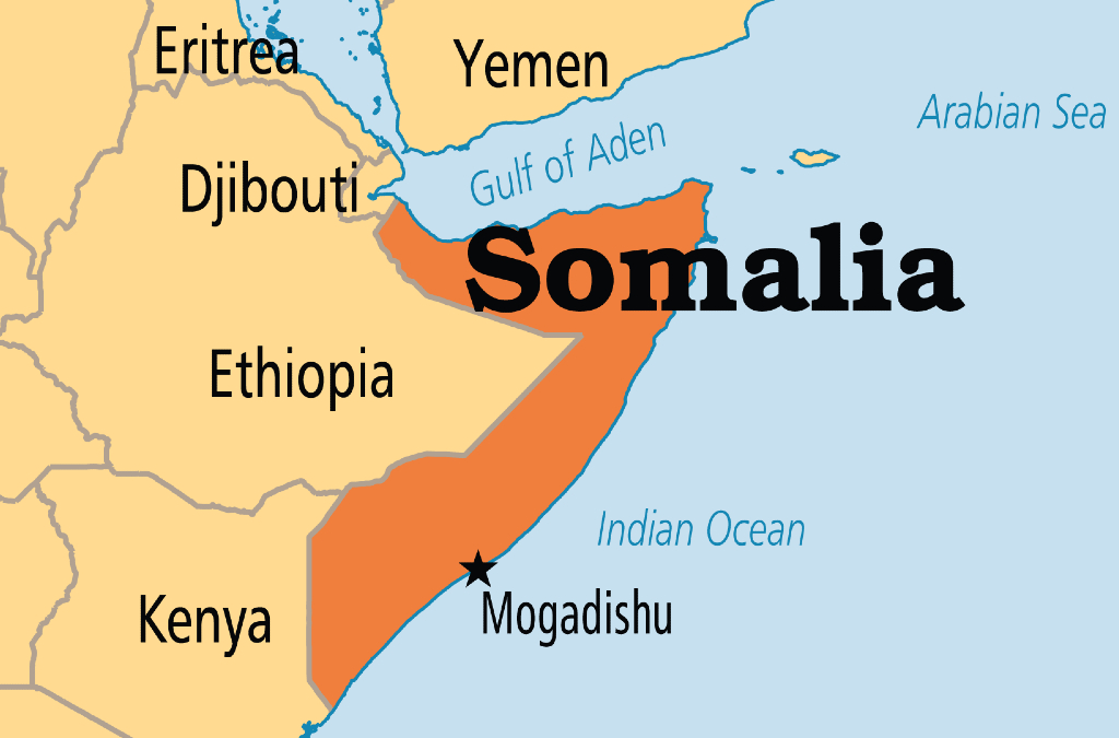 Map of Somalia highlighting its strategic location in the Horn of Africa, bordering Ethiopia, Kenya, and Djibouti, illustrating regional security concerns and the spread of instability.