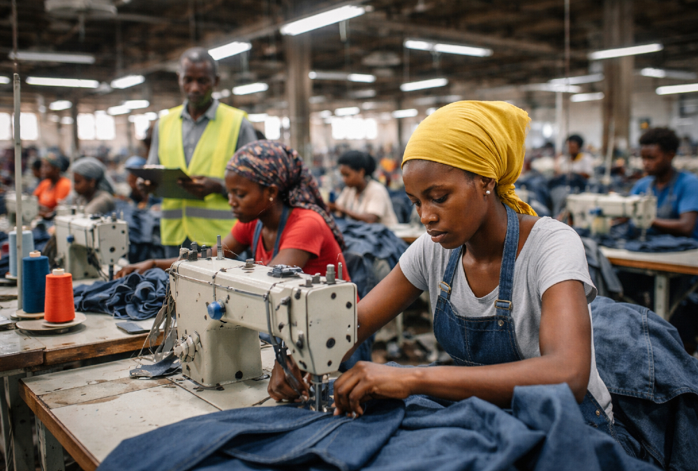 Factory workers in Africa highlighting the productivity and infrastructure challenges behind the “cheap labor” myth in manufacturing.