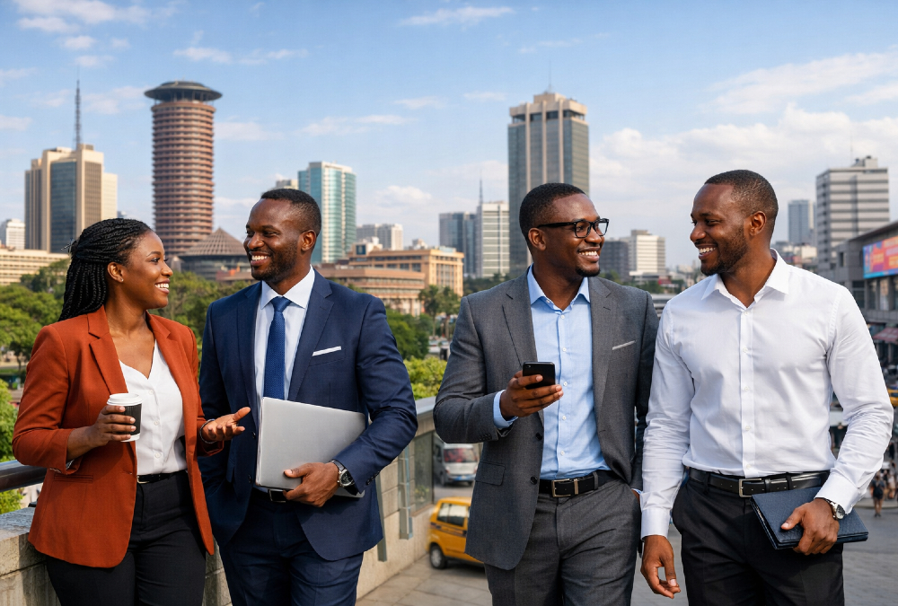 African business professionals working in diverse urban centers like Nairobi, Lagos, and Lusaka - debunking the myth that Africa is "too hot" for commerce.