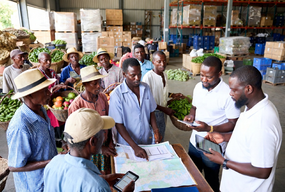 Smallholder farmers and agricultural aggregators coordinating produce collection and logistics within a modern agricultural supply chain.