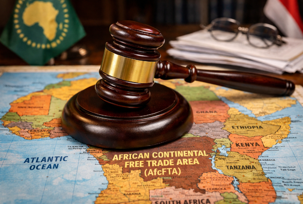 A gavel rests on a map of Africa, symbolizing the debate over legal enforcement for the AfCFTA single market.