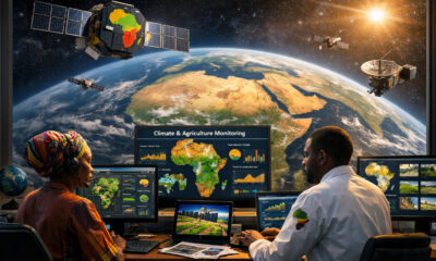 Please generate a realistic image of dimensions 1536 by 1024 from the following theme: African space technology development with satellites monitoring Earth for climate and agricultural data