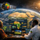 Please generate a realistic image of dimensions 1536 by 1024 from the following theme: African space technology development with satellites monitoring Earth for climate and agricultural data