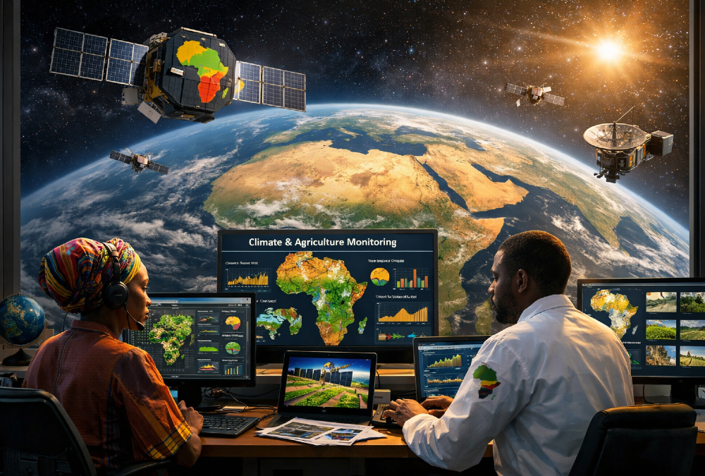 Please generate a realistic image of dimensions 1536 by 1024 from the following theme: African space technology development with satellites monitoring Earth for climate and agricultural data