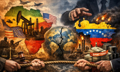 An illustration showing the geopolitical struggle over natural resources, depicting Africa and Venezuela with symbolic imagery of oil, sovereignty, and external powers exerting influence, highlighting the risks for resource-rich nations.