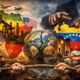 An illustration showing the geopolitical struggle over natural resources, depicting Africa and Venezuela with symbolic imagery of oil, sovereignty, and external powers exerting influence, highlighting the risks for resource-rich nations.