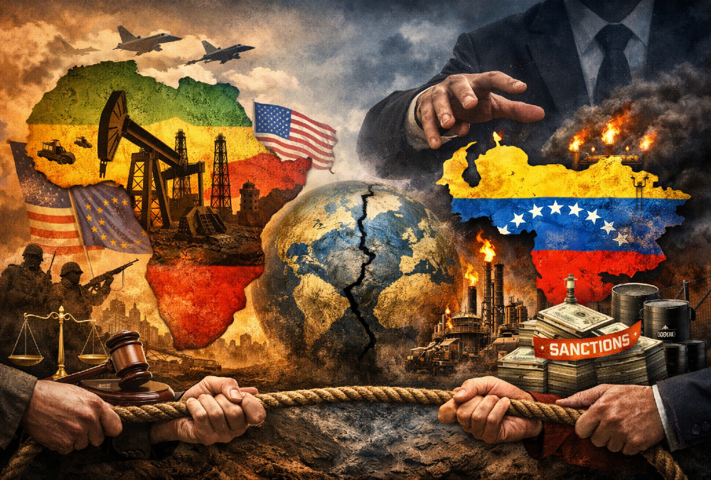 An illustration showing the geopolitical struggle over natural resources, depicting Africa and Venezuela with symbolic imagery of oil, sovereignty, and external powers exerting influence, highlighting the risks for resource-rich nations.
