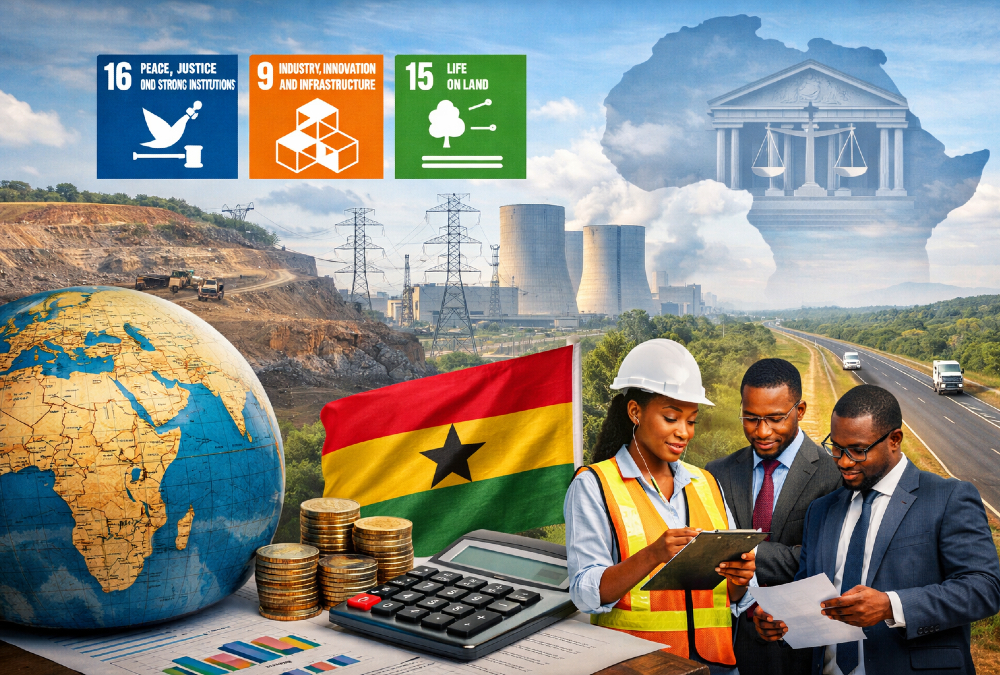 African governance and development concept illustrating how strong institutions - not country size or natural resources - drive stability, infrastructure, and economic growth, highlighted by Ghana’s energy sector reform success.