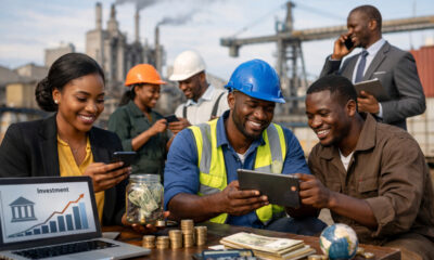 African workers and entrepreneurs using digital financial services, symbolizing private savings, financial inclusion, and investment driving Africa’s industrial growth and economic development