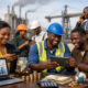 African workers and entrepreneurs using digital financial services, symbolizing private savings, financial inclusion, and investment driving Africa’s industrial growth and economic development