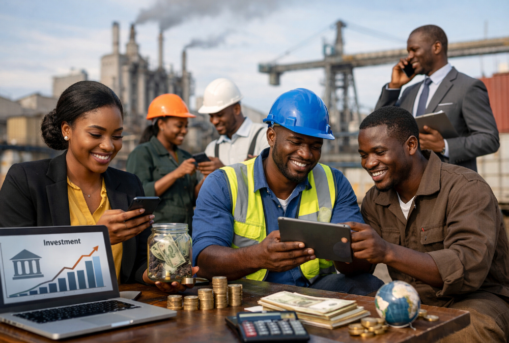 African workers and entrepreneurs using digital financial services, symbolizing private savings, financial inclusion, and investment driving Africa’s industrial growth and economic development