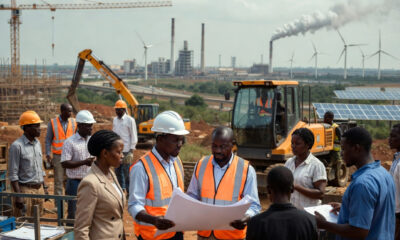 Illustration of Africa emerging as a global industrial powerhouse with infrastructure, manufacturing, and renewable energy development.