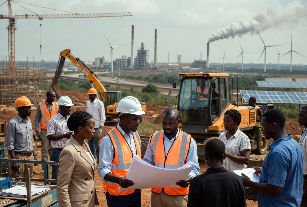 Illustration of Africa emerging as a global industrial powerhouse with infrastructure, manufacturing, and renewable energy development.