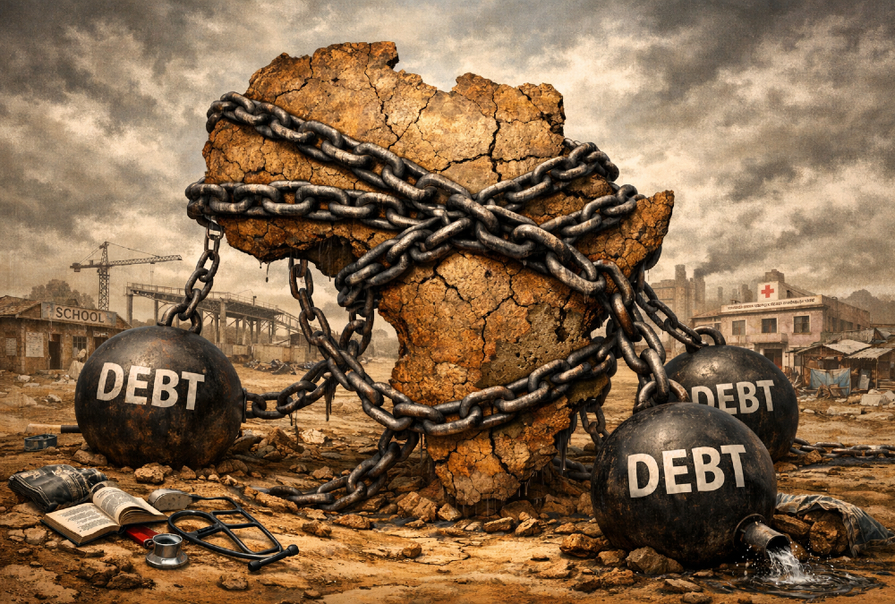 Illustration of Africa weighed down by heavy debt chains, symbolizing how rising sovereign debt blocks development, infrastructure investment, and social services across the continent.