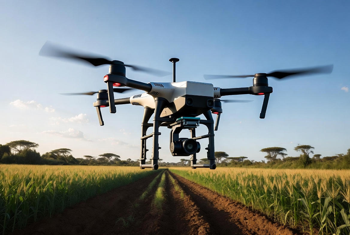 Drone using AI to monitor crop fields and support farmers with precision agriculture in rural Africa.