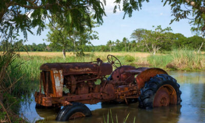 Rusted tractor submerged in a river in rural Kenya, symbolizing failed Western agricultural technology transfer in the developing world.