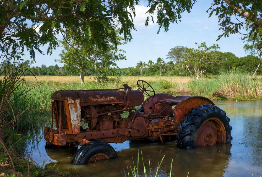 Rusted tractor submerged in a river in rural Kenya, symbolizing failed Western agricultural technology transfer in the developing world.