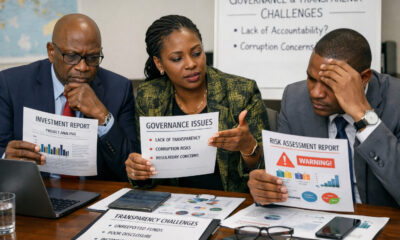African business leaders reviewing investment documents, highlighting governance and transparency challenges