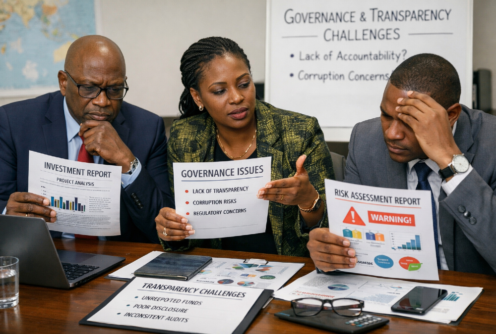 African business leaders reviewing investment documents, highlighting governance and transparency challenges