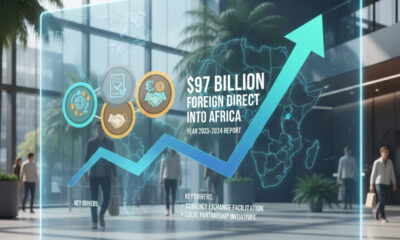 A chart showing $97 billion in foreign direct investment flowing into Africa, with icons representing tax forms, currency exchange, and local partnerships