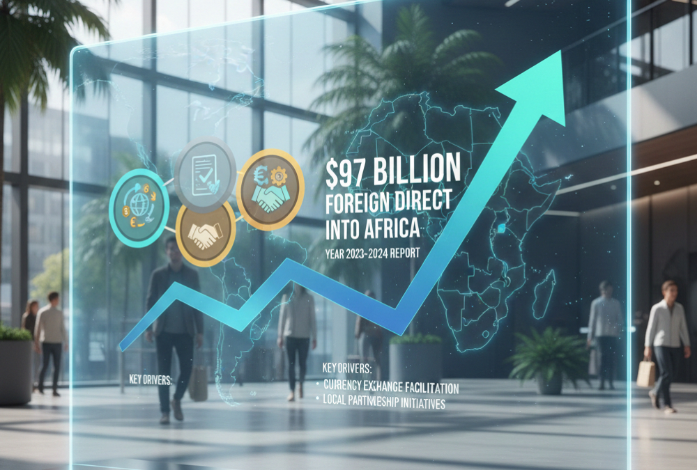 A chart showing $97 billion in foreign direct investment flowing into Africa, with icons representing tax forms, currency exchange, and local partnerships