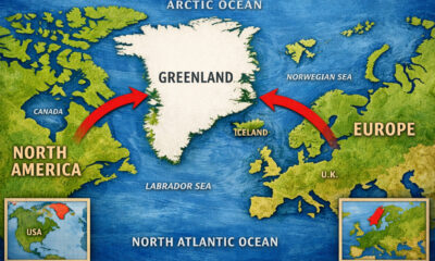 Map showing the strategic location of Greenland between North America and Europe.
