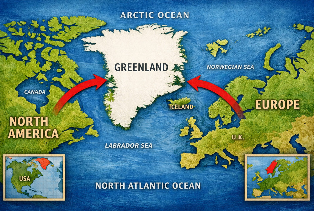 Map showing the strategic location of Greenland between North America and Europe.