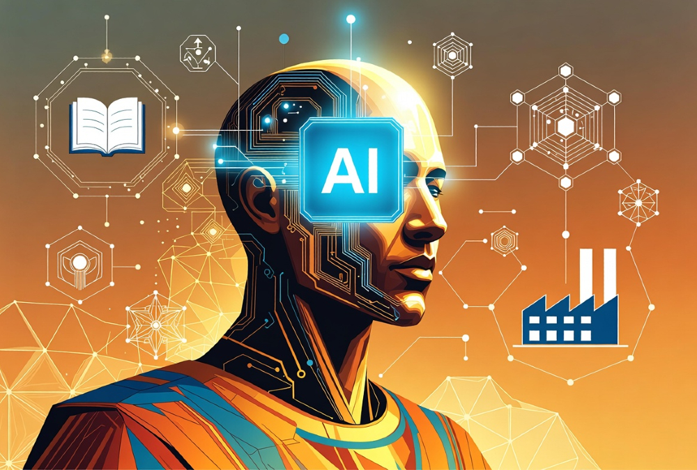 Conceptual illustration of AI-powered education, industry, and digital infrastructure shaping long-term sovereignty and economic transformation in Africa.