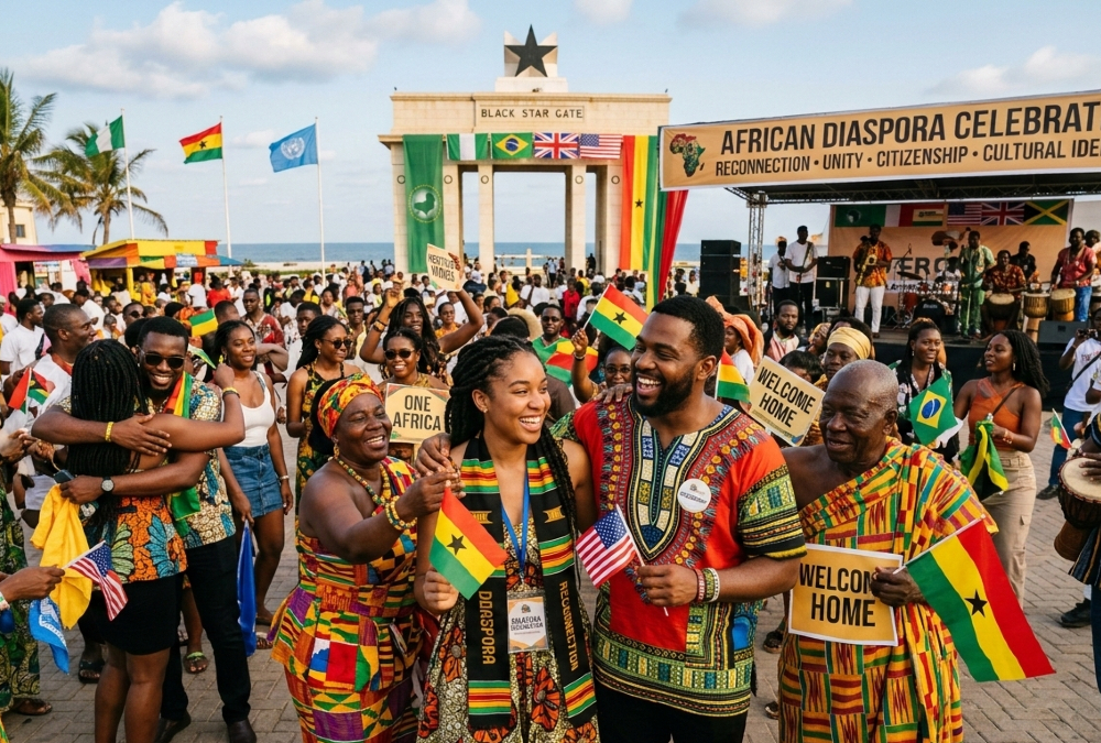 African Diaspora members celebrating heritage reconnection with Mother Africa, symbolizing unity, citizenship initiatives, and cultural identity across the global Black community.