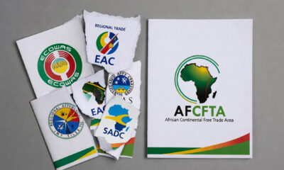 A split image showing fragmented regulatory documents from ECOWAS, EAC, and SADC versus a single AfCFTA document.