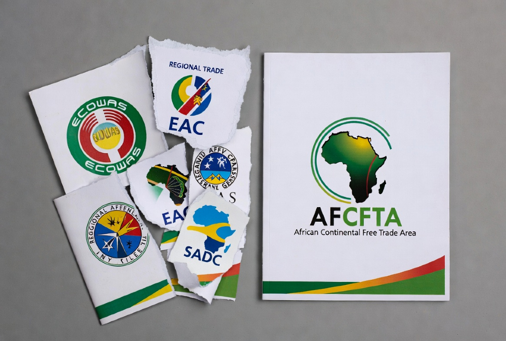 A split image showing fragmented regulatory documents from ECOWAS, EAC, and SADC versus a single AfCFTA document.