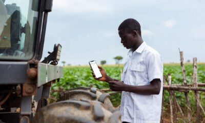 Smallholder farmer using mobile AI tool for localized agricultural guidance, contrasting high-tech farm machinery with real-world decision-making needs in sub-Saharan Africa.